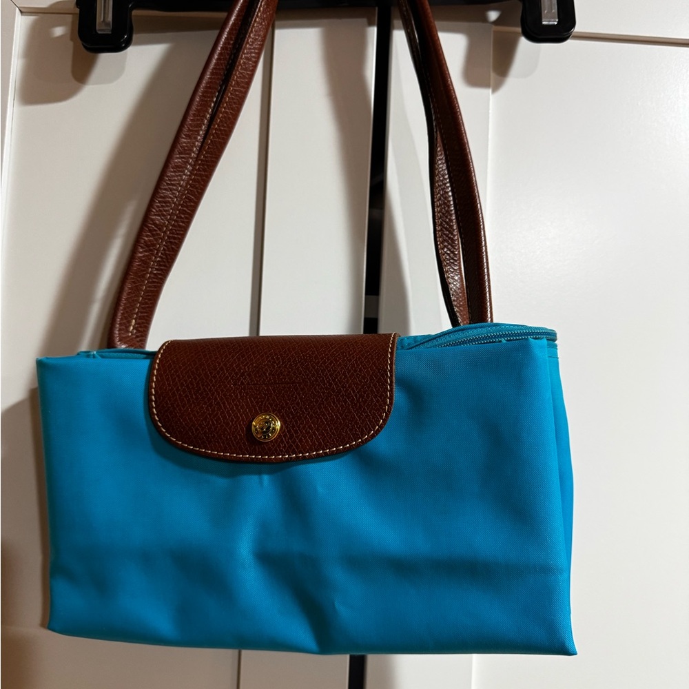 Longchamp Teal Tote with Brown Trim and Straps